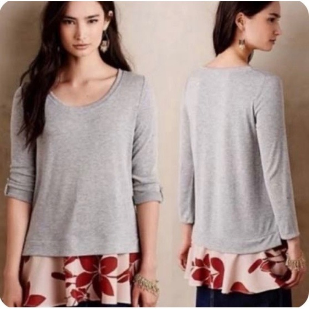 Anthropologie Little Yellow Button Gray Floral Mixed Media Roll Tab Tunic Top XS